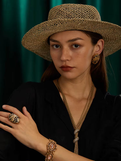 18K Gold-Plated Women Hand-Carved Floral Enamel Vintage Art Deco Ring