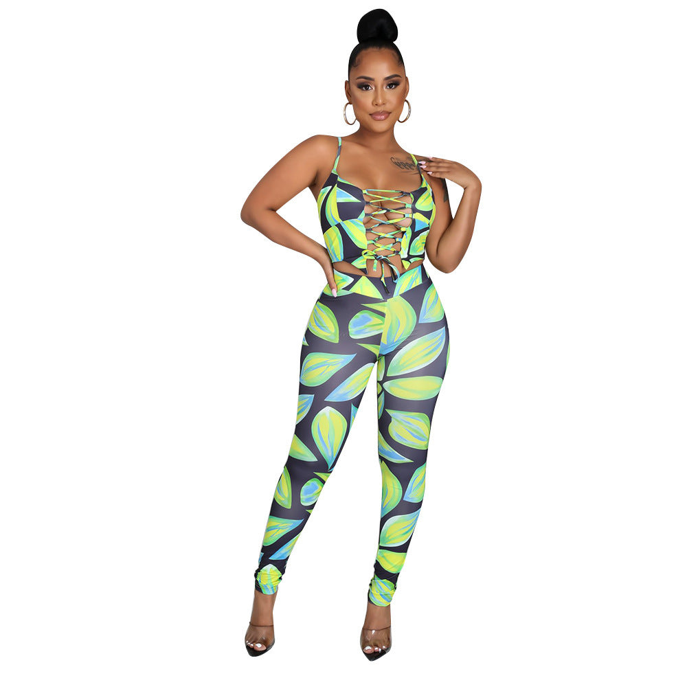 Women Digital Printed Sexy Two-Piece Strap Tops + Pant Trouser Set
