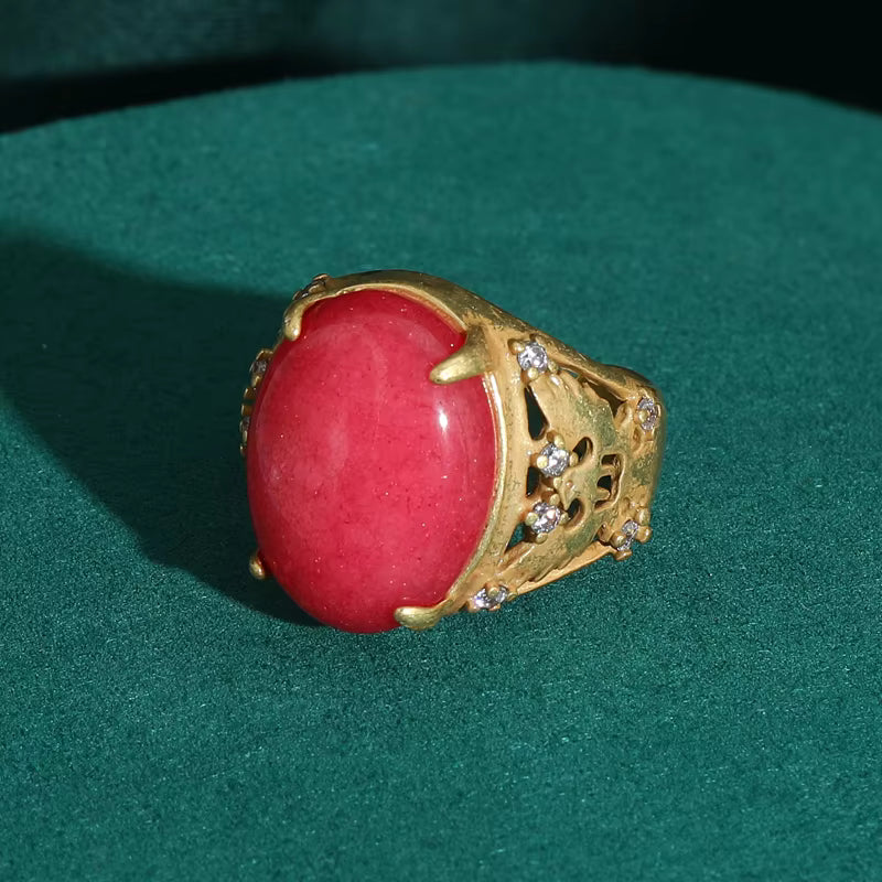 Women Red Oval Round Natural Stone Vintage Open Engagement Rings