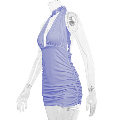 Sexy Deep V-Neck Halter Neck Strapless Back Pleated Party Dress