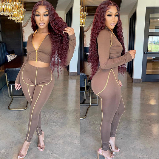Sexy Women Tight-Fitting Long-Sleeved Two-Piece Tops Pant Nightclub Suit