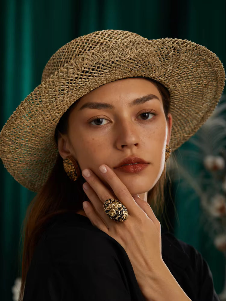 18K Gold-Plated Women Hand-Carved Floral Enamel Vintage Art Deco Ring