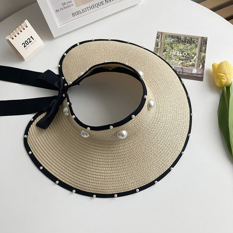 Women Straw Sun Protection Top Pearl Topless Travel Beach Hat