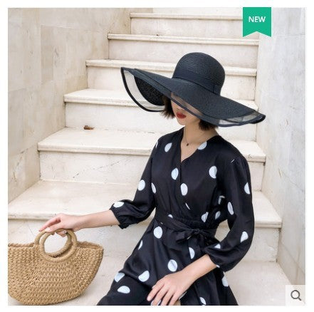 Women Fashion Woven Organza Sunshade Dress Straw Hat