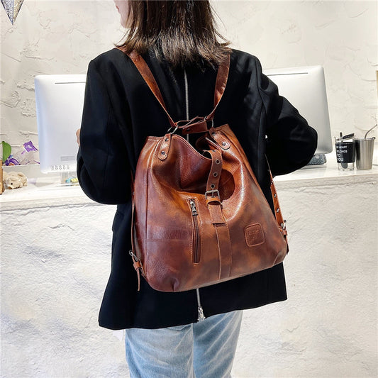 Women Vintage Bucket Large Capacity Travel Leather Bag Handbag