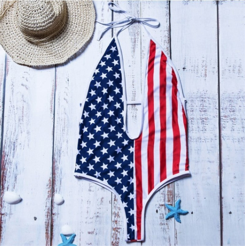Women Flag Print Bikini Deep V Strap Slim One-Piece Swimsuit