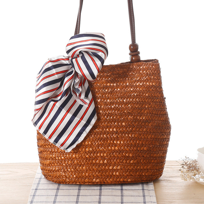 Women One-shoulder Travel Woven Straw Beach Basket Handbag Bag