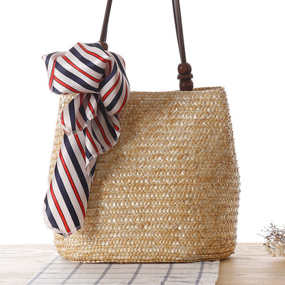 Women One-shoulder Travel Woven Straw Beach Basket Handbag Bag