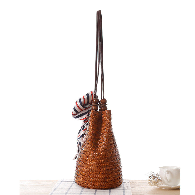 Women One-shoulder Travel Woven Straw Beach Basket Handbag Bag