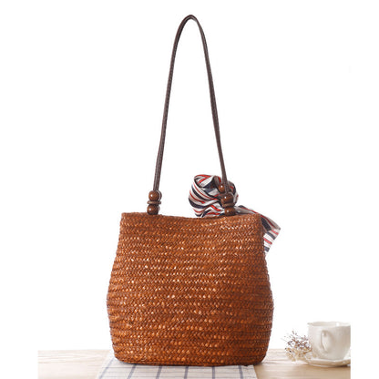 Women One-shoulder Travel Woven Straw Beach Basket Handbag Bag