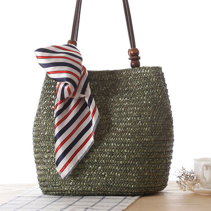 Women One-shoulder Travel Woven Straw Beach Basket Handbag Bag