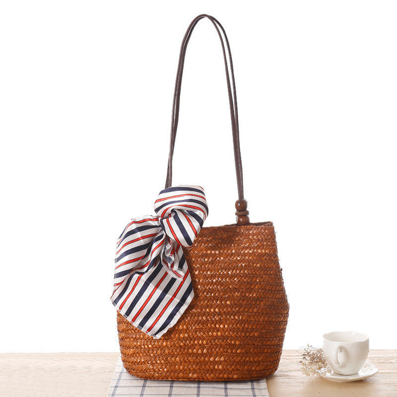 Women One-shoulder Travel Woven Straw Beach Basket Handbag Bag