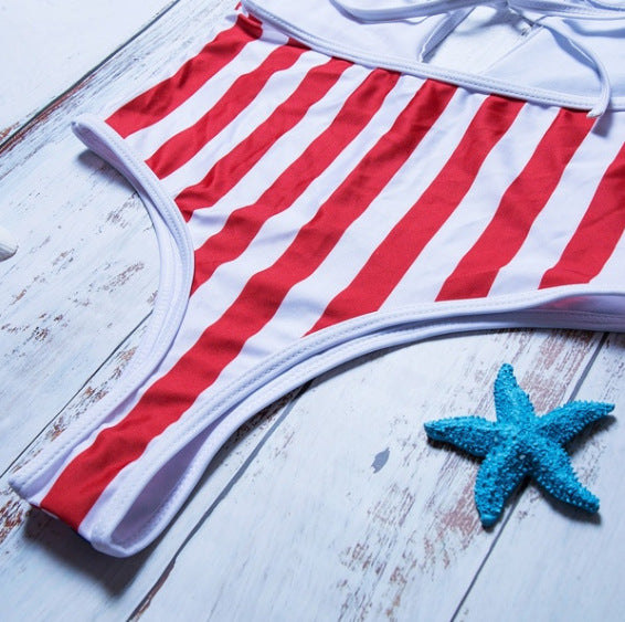 Women Flag Print Bikini Deep V Strap Slim One-Piece Swimsuit