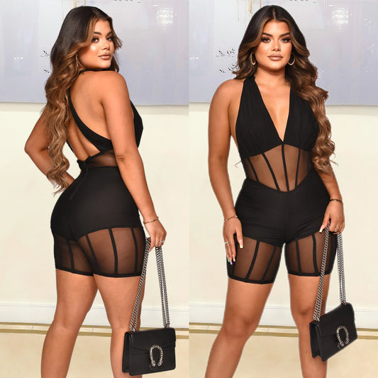 Women's Fashion Mesh Stitching Shorts Pant Jumpsuit Suits