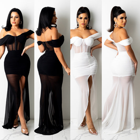 Sexy Nightclub One-Shoulder Mesh Pure Color Party Dress