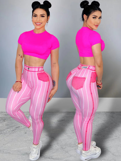 Sexy Denim Line Printing High Waist Yoga Leggings Pants