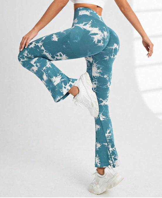 Women Fashion Tie Dye Printed Yoga Bell-Bottomed Pants Seamless High Waist Flares Leggings