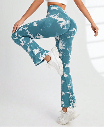 Women Fashion Tie Dye Printed Yoga Bell-Bottomed Pants Seamless High Waist Flares Leggings