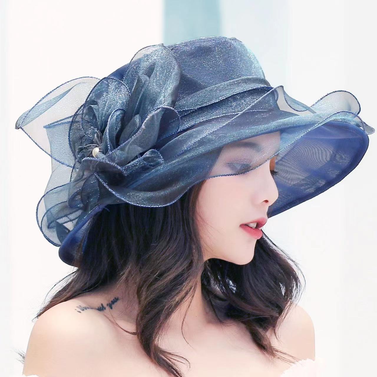 Women's Mesh Bowler Organza Wedding Travel Church Dress Sun Hat