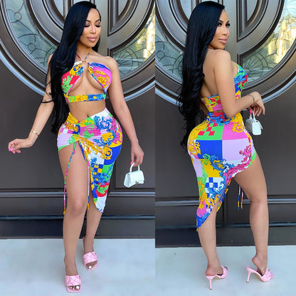 Two-piece Sexy Nightclub Irregular Short Skirt with Wrapped Chest + Halter Tops