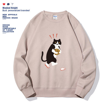 Women Fashionable Solid Color Cat Printed Long Sleeved Sweatshirt Pullover
