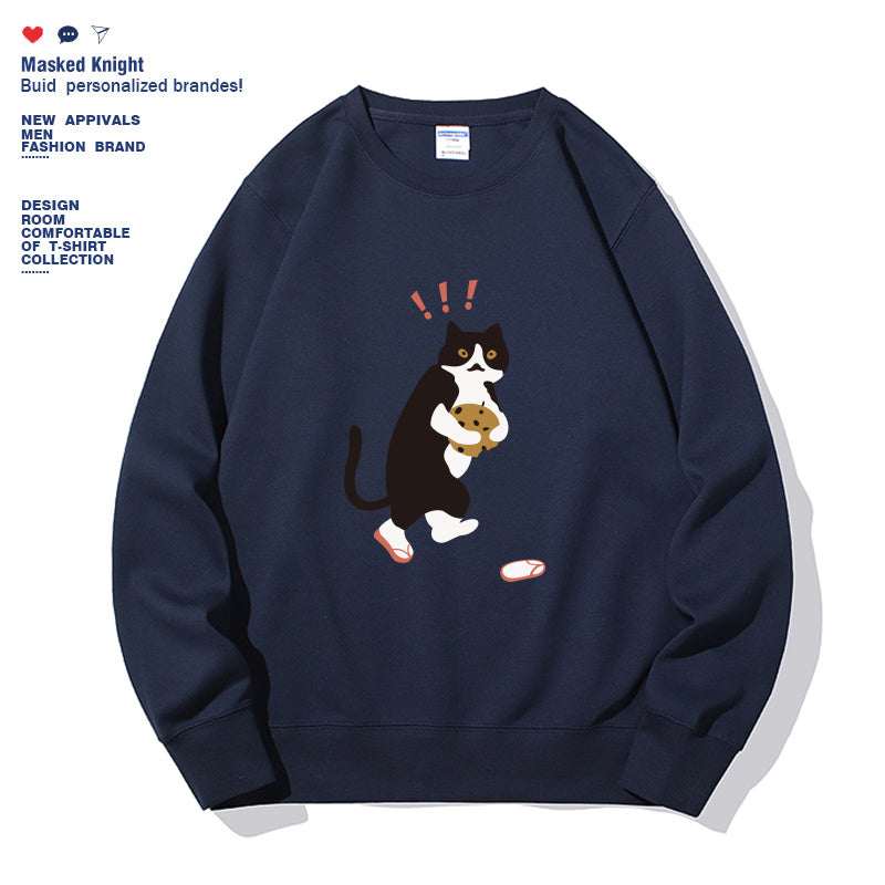 Women Fashionable Solid Color Cat Printed Long Sleeved Sweatshirt Pullover