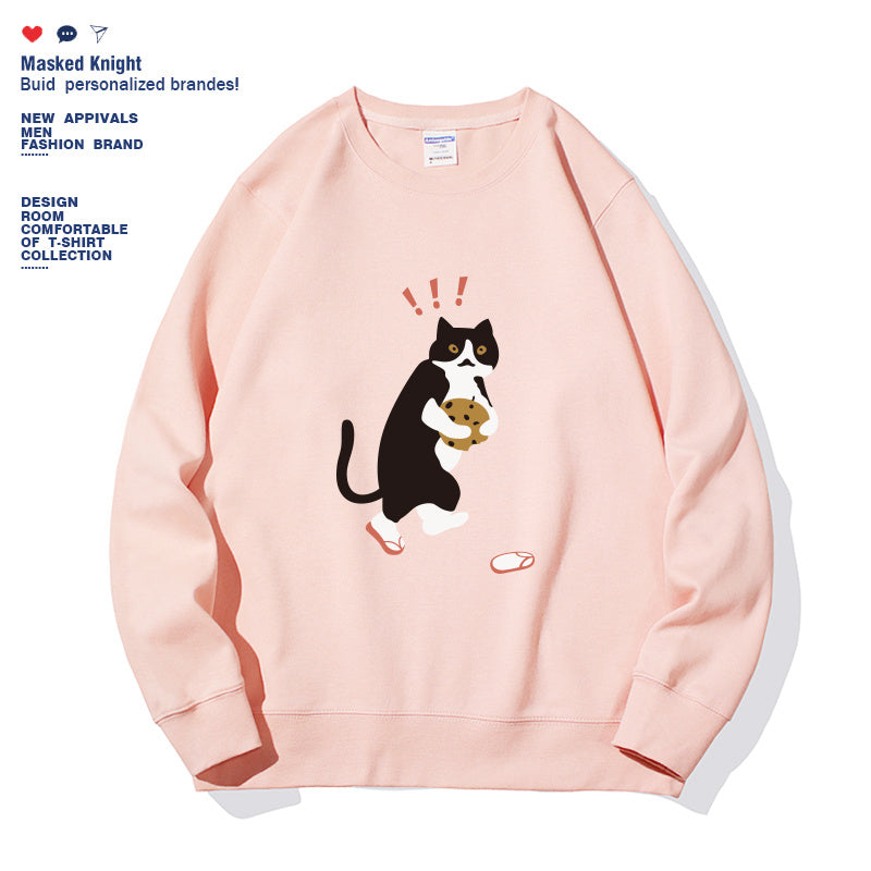 Women Fashionable Solid Color Cat Printed Long Sleeved Sweatshirt Pullover