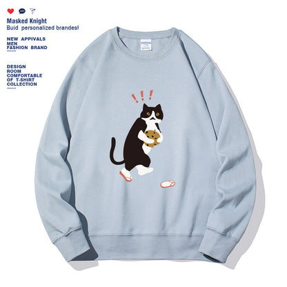 Women Fashionable Solid Color Cat Printed Long Sleeved Sweatshirt Pullover