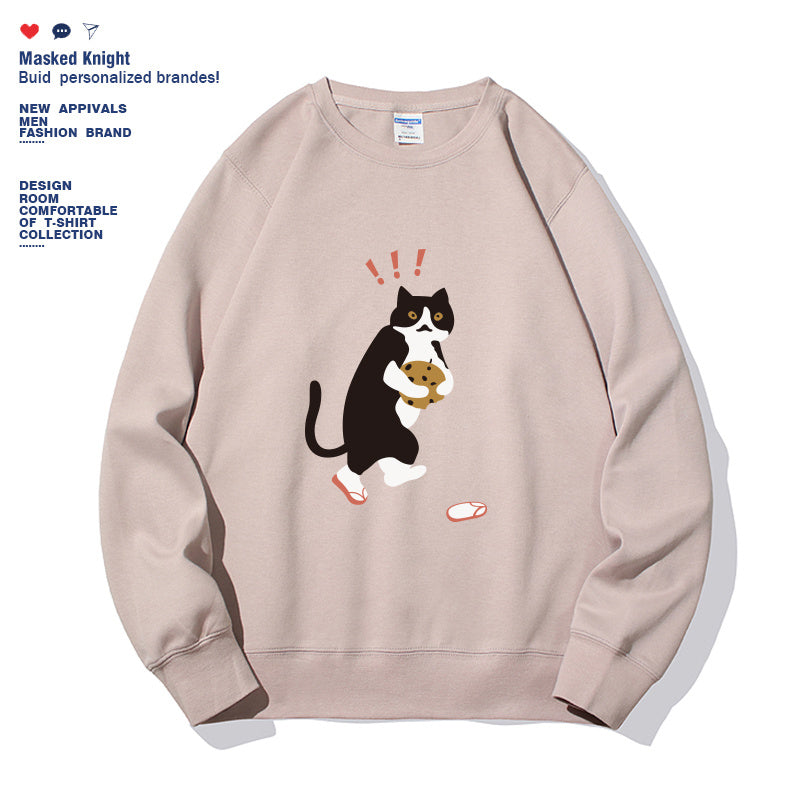 Women Fashionable Solid Color Cat Printed Long Sleeved Sweatshirt Pullover