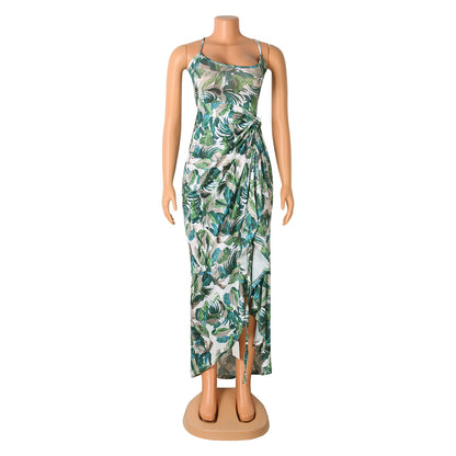 Sexy Sling Irregular Printed Long Skirt Party Dress