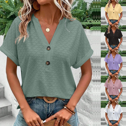 Women's Casual V-Neck Short Sleeve Loose Fit Solid Color Tops Blouse