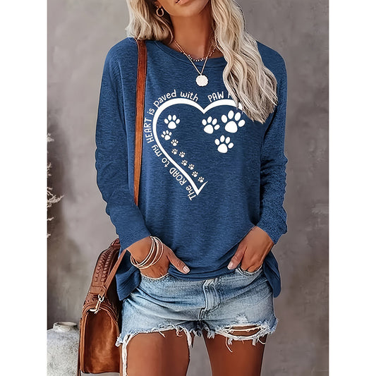 Women Mom Dog Paw Love Heart Print Long Sleeve Tees Tops Crewneck T-Shirt