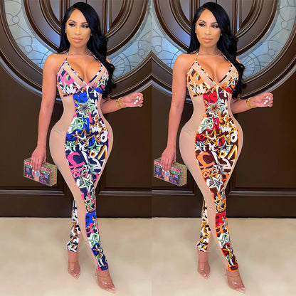 Fashion Sexy Mesh Tight-Fitting Suspender Clubbing Party Jumpsuit