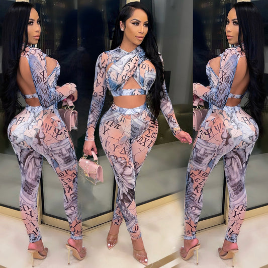 Sexy Printed Mesh See-Through Long-Sleeved Night Tops + Bottom Trouser Suit