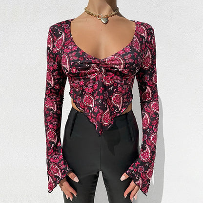 Printed V-Neck Long-Sleeved Navel Sexy Tops T-Shirt