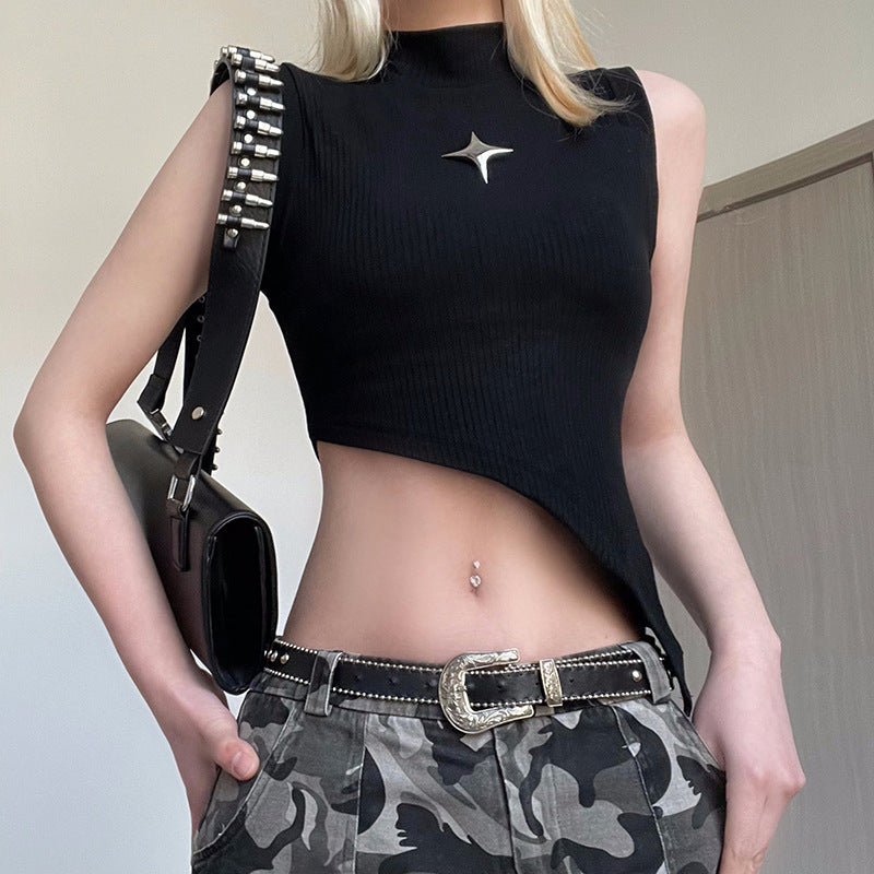 Women Metal Five-pointed Star High Neck Irregular Slim Fit Vest Tops