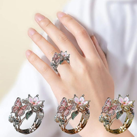 Animal Insect Fashion Adjustable Gold Plated Crystal 3D Shining Diamond Drop Oil Butterfly Flower Rings