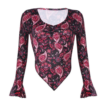 Printed V-Neck Long-Sleeved Navel Sexy Tops T-Shirt
