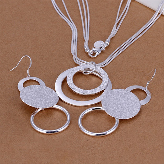 Women Silver Plated Fine Round Two-piece Earrings Necklace Set