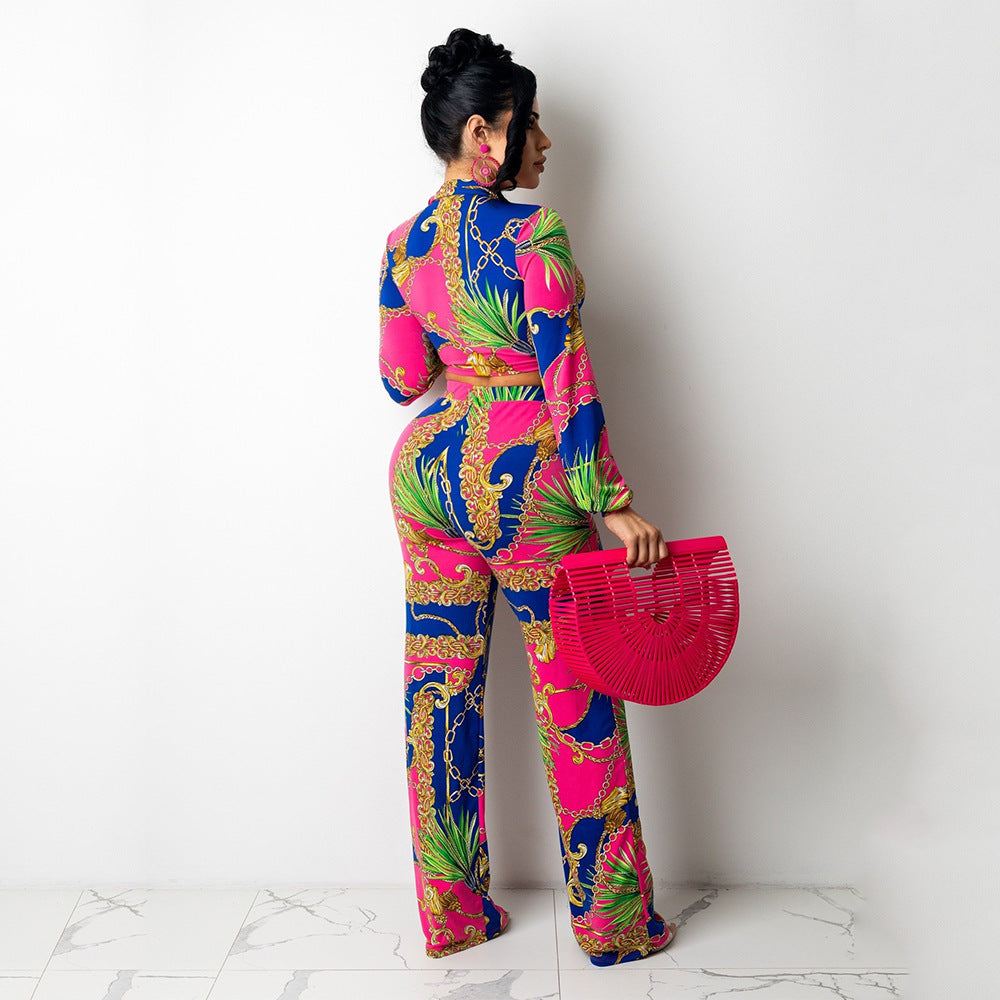 Sexy Milk Silk Printing Two-Piece Nightclub Tops + Pant Trouser Suit