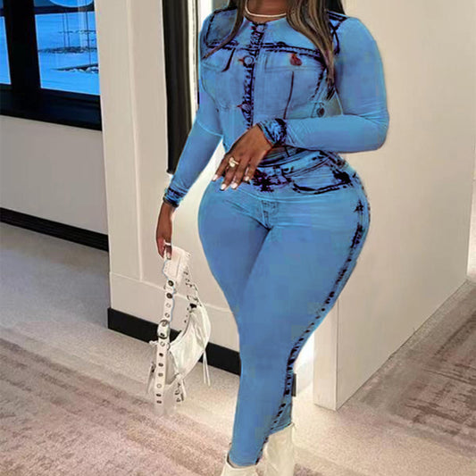 Women Long Sleeve Jeans Pattern Printed Nightclub Party Tops Pant Leggings Suit