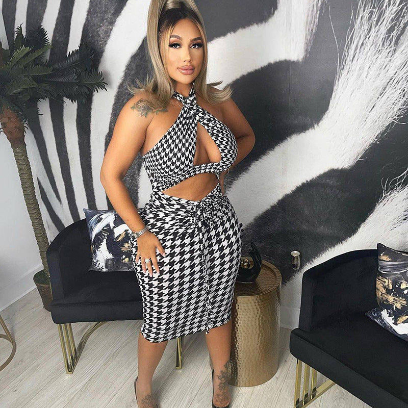 Sexy Backless Lace-Up Halter Cutout Smocked Pack Hip Party Dress