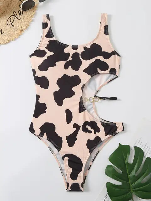 Cow Print Rib Cut-out One Piece Swimsuit Ring Link Bikini Swimwear Bathing Suit Bodysuit