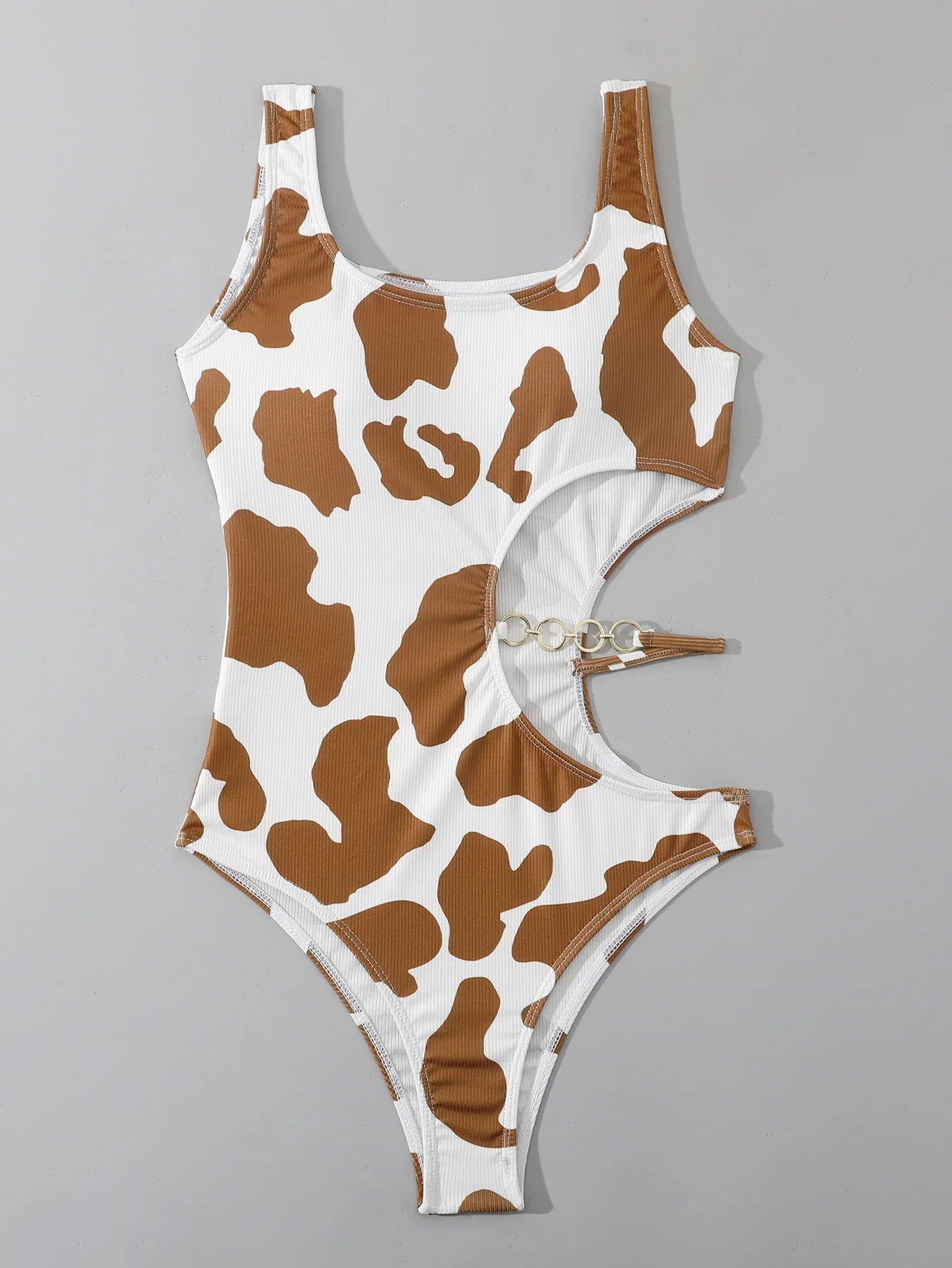 Cow Print Rib Cut-out One Piece Swimsuit Ring Link Bikini Swimwear Bathing Suit Bodysuit