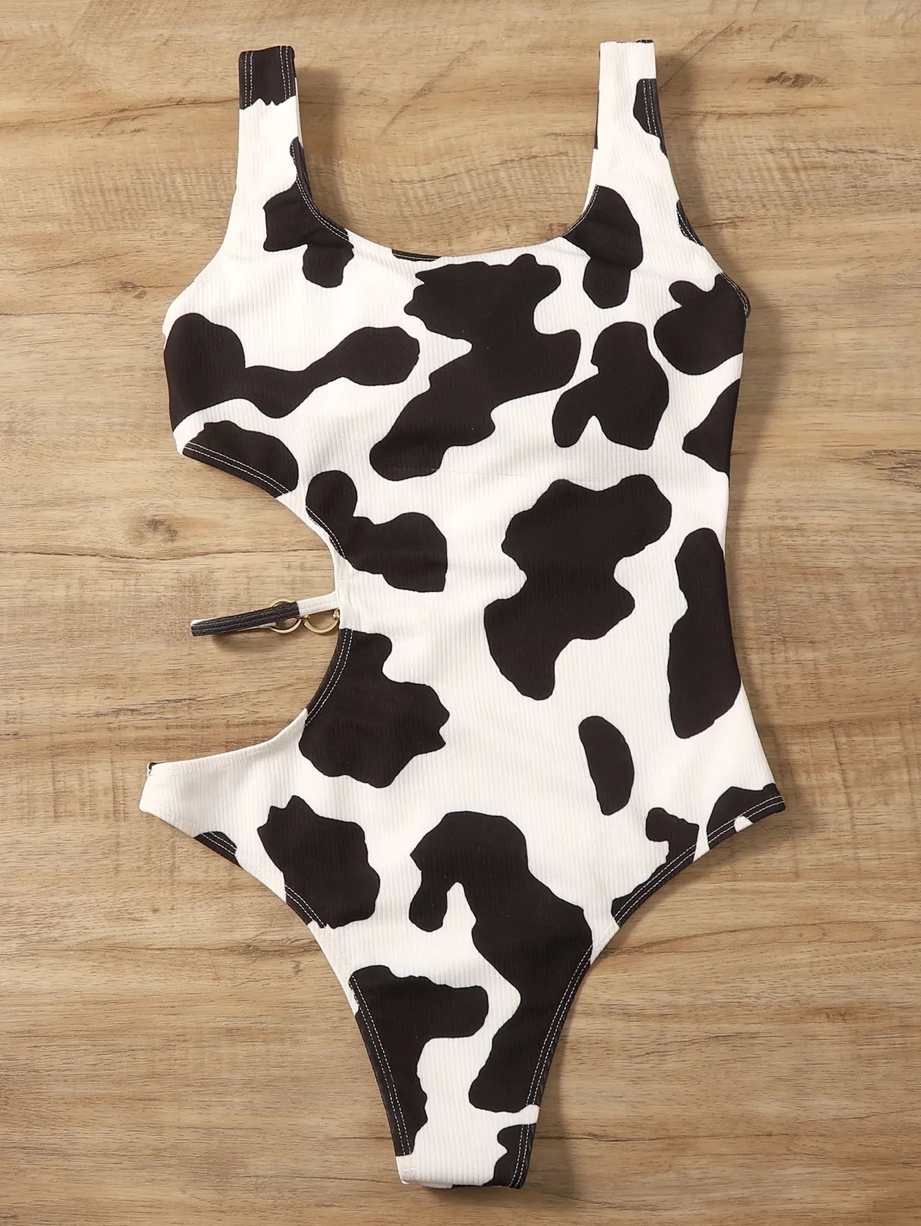 Cow Print Rib Cut-out One Piece Swimsuit Ring Link Bikini Swimwear Bathing Suit Bodysuit