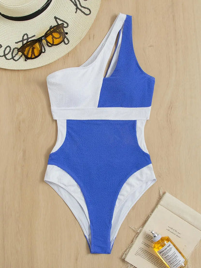 One Piece Women Monokini One Shoulder Patchwork Bathing Swimsuit Beachwear Bodysuits