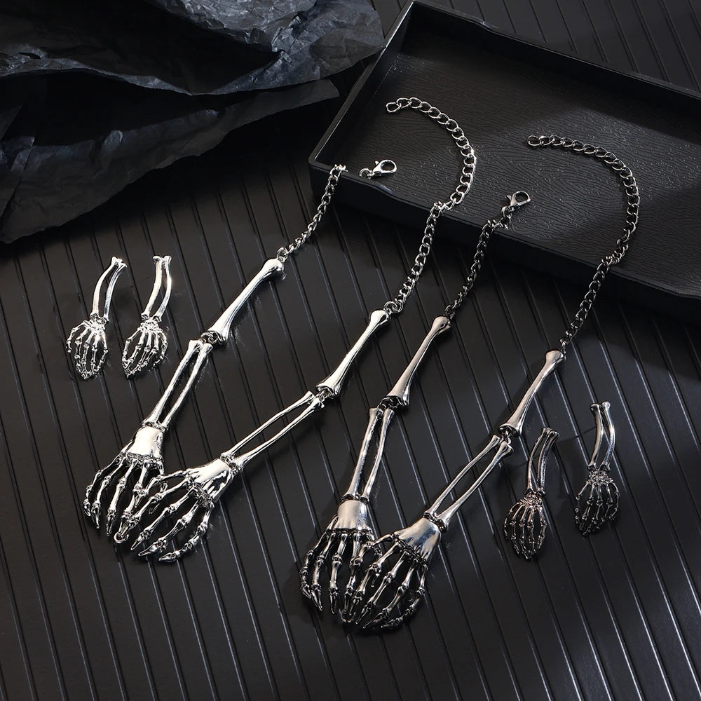 Women Halloween Punk Hollow Bone Ghost Skull Hand Necklace Earrings