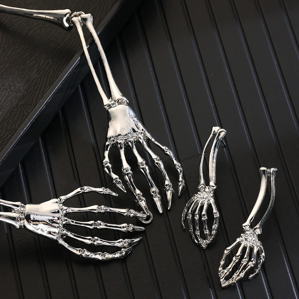 Women Halloween Punk Hollow Bone Ghost Skull Hand Necklace Earrings