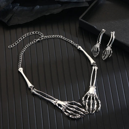 Women Halloween Punk Hollow Bone Ghost Skull Hand Necklace Earrings