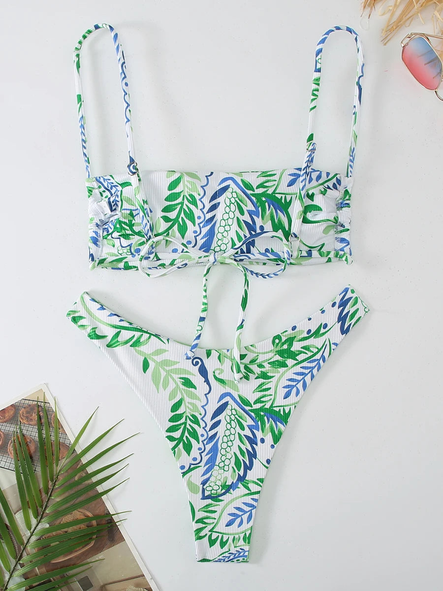 2pcs Women Ribbed Printed Strappy Bikini High Cut Swimsuit Bathing Swimming Suit